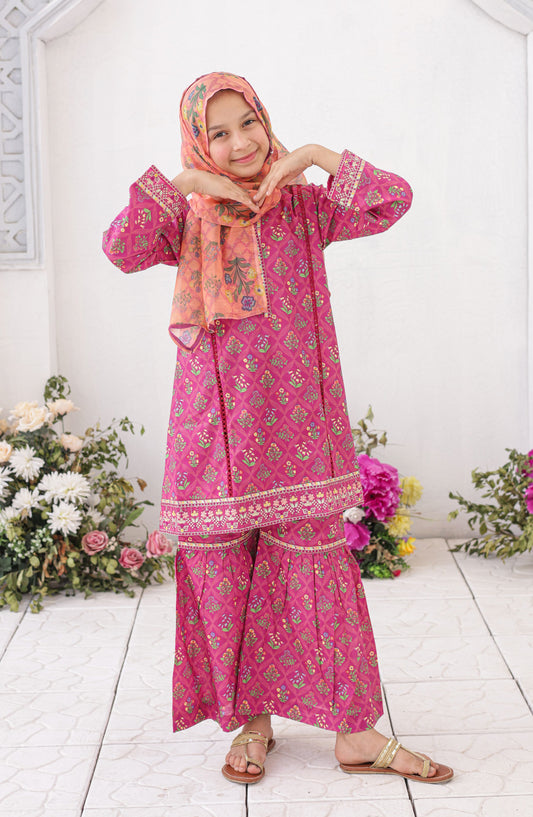 Shifa by Suntex Girls Guriya Embroidered Lawn Stitched 3 Piece Suit - SH-2627K - SF26ED - Majenta - Eid Collection