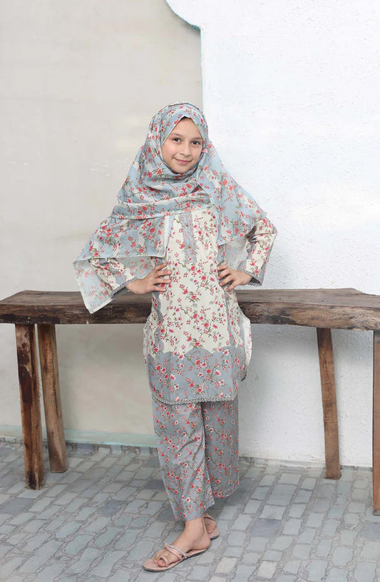 Shifa by Suntex Printed Cotton Cambric Stitched 3 Piece Suit - SH-2571 - SF25MSM - Ash Grey - Mid Summer Collection