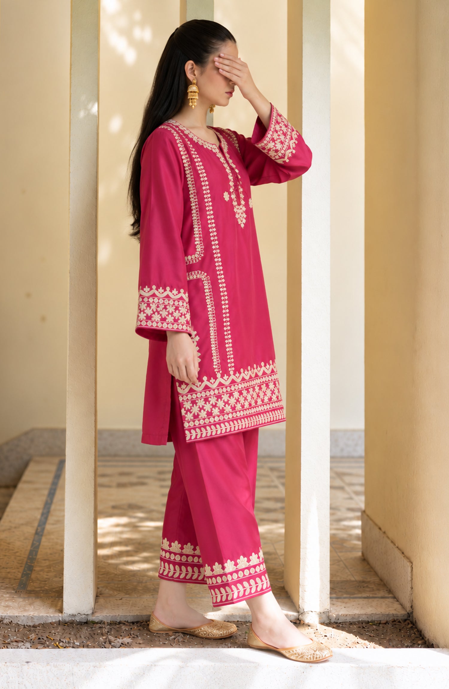 Shimmer by Amna Khadija Embroidered Shamooz Silk Stitched 2 Co-ord Set - AKSS-01 - AM26SMR - Pink - Casual Collection