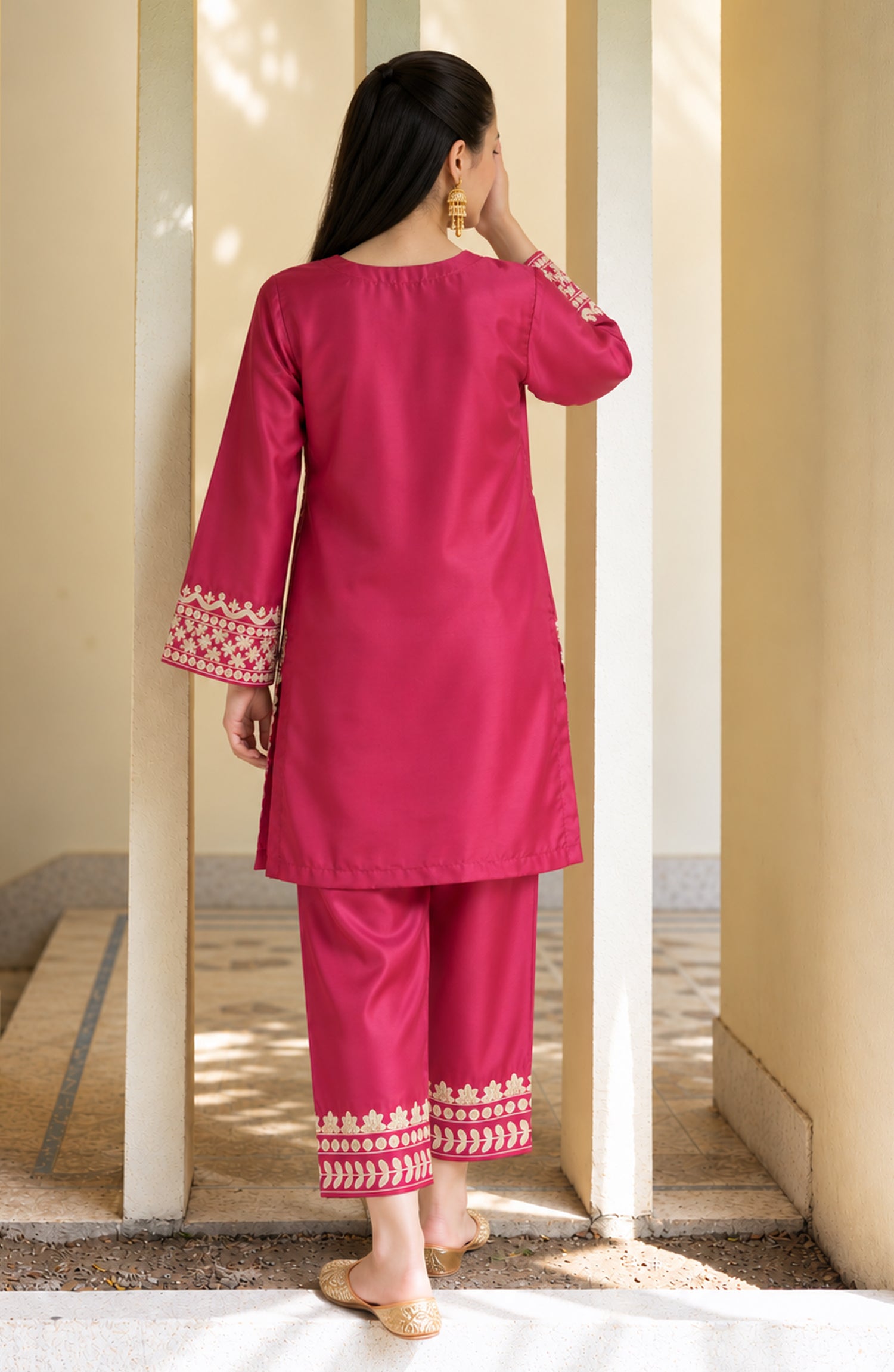Shimmer by Amna Khadija Embroidered Shamooz Silk Stitched 2 Co-ord Set - AKSS-01 - AM26SMR - Pink - Casual Collection