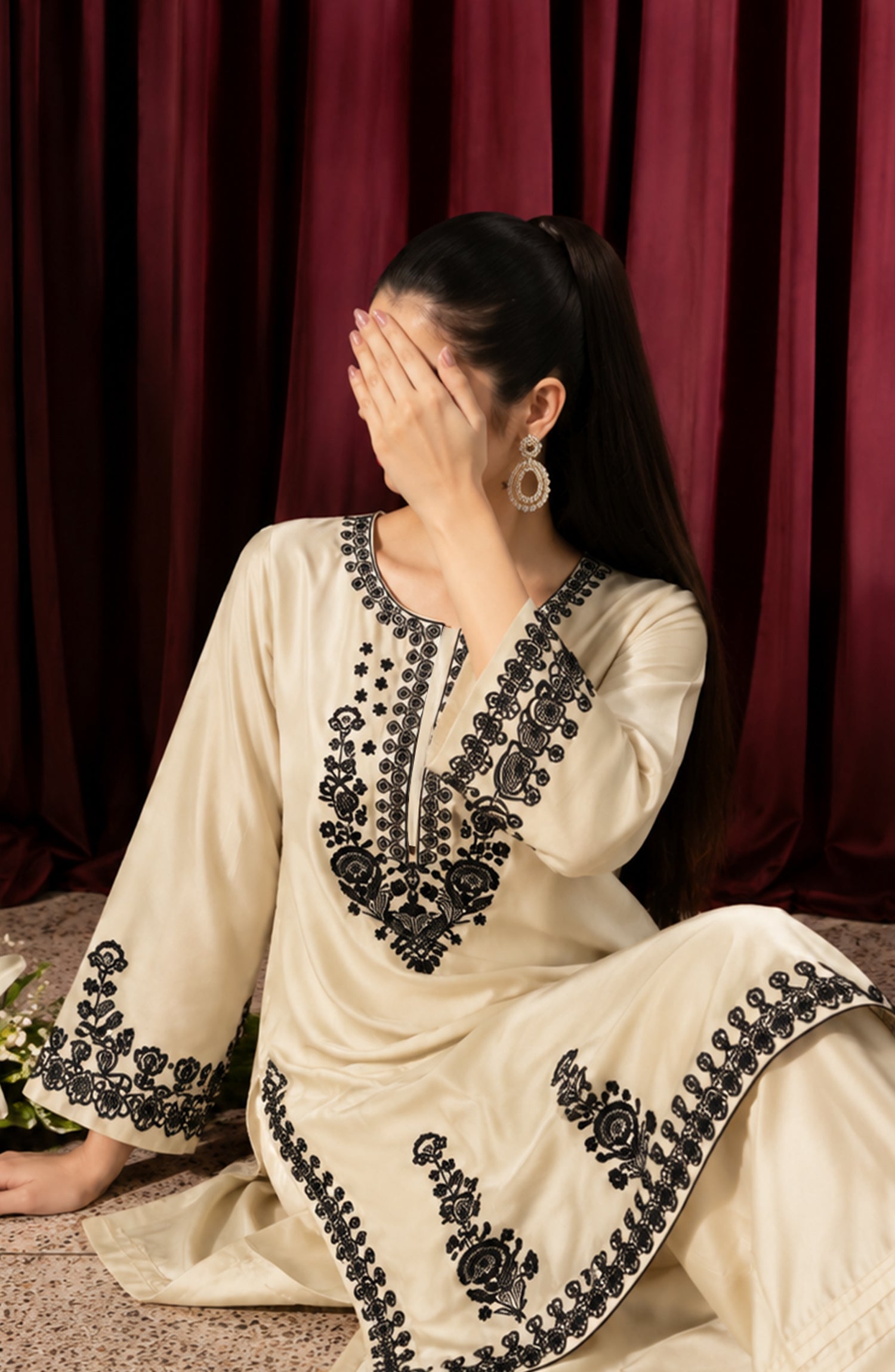 Shimmer by Amna Khadija Embroidered Shamooz Silk Stitched 2 Co-ord Set - AKSS-04 - AM26SMR - Off White - Casual Collection