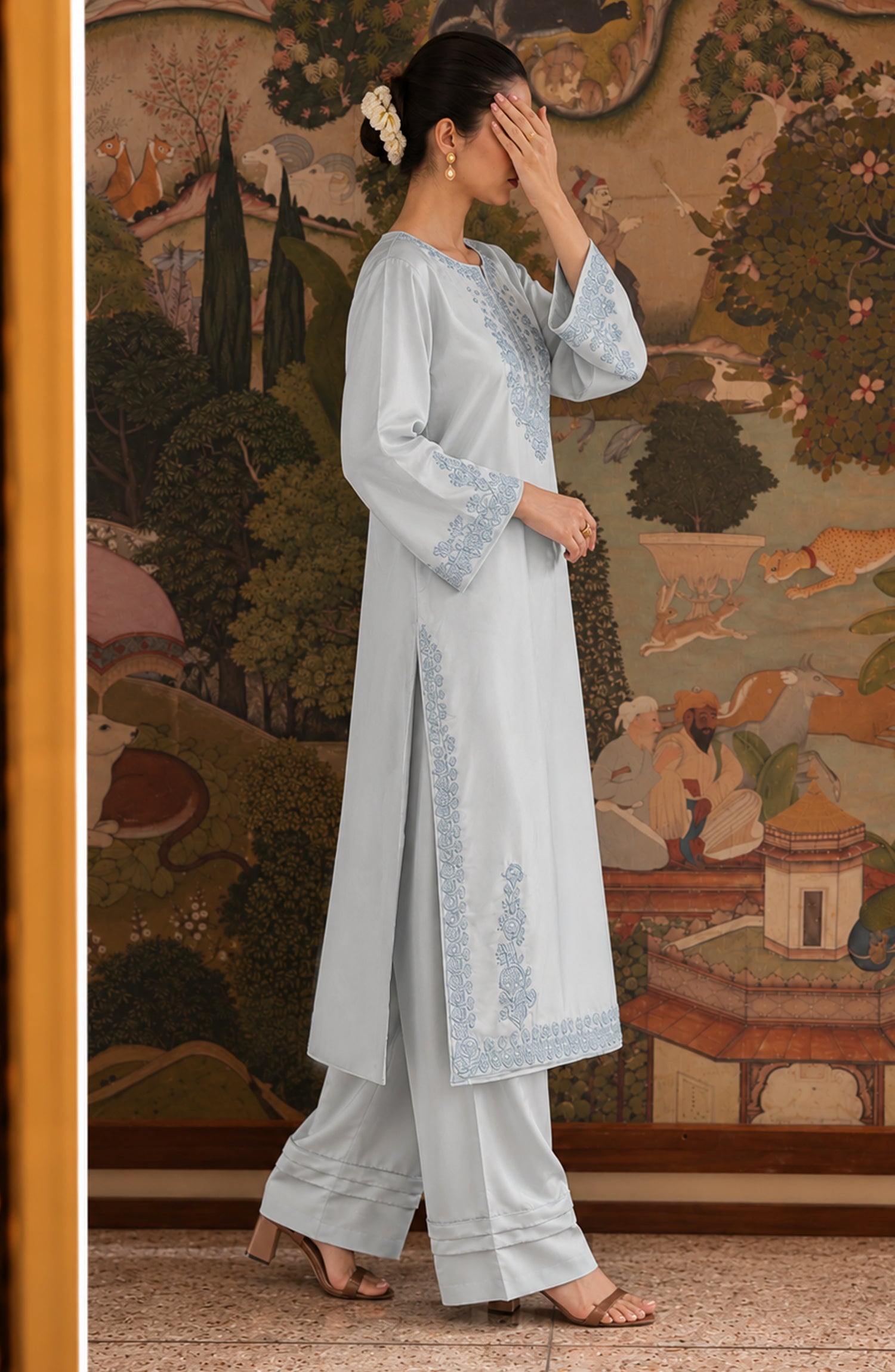 Shimmer by Amna Khadija Embroidered Shamooz Silk Stitched 2 Co-ord Set - AKSS-05 - AM26SMR - Ice Blue - Casual Collection