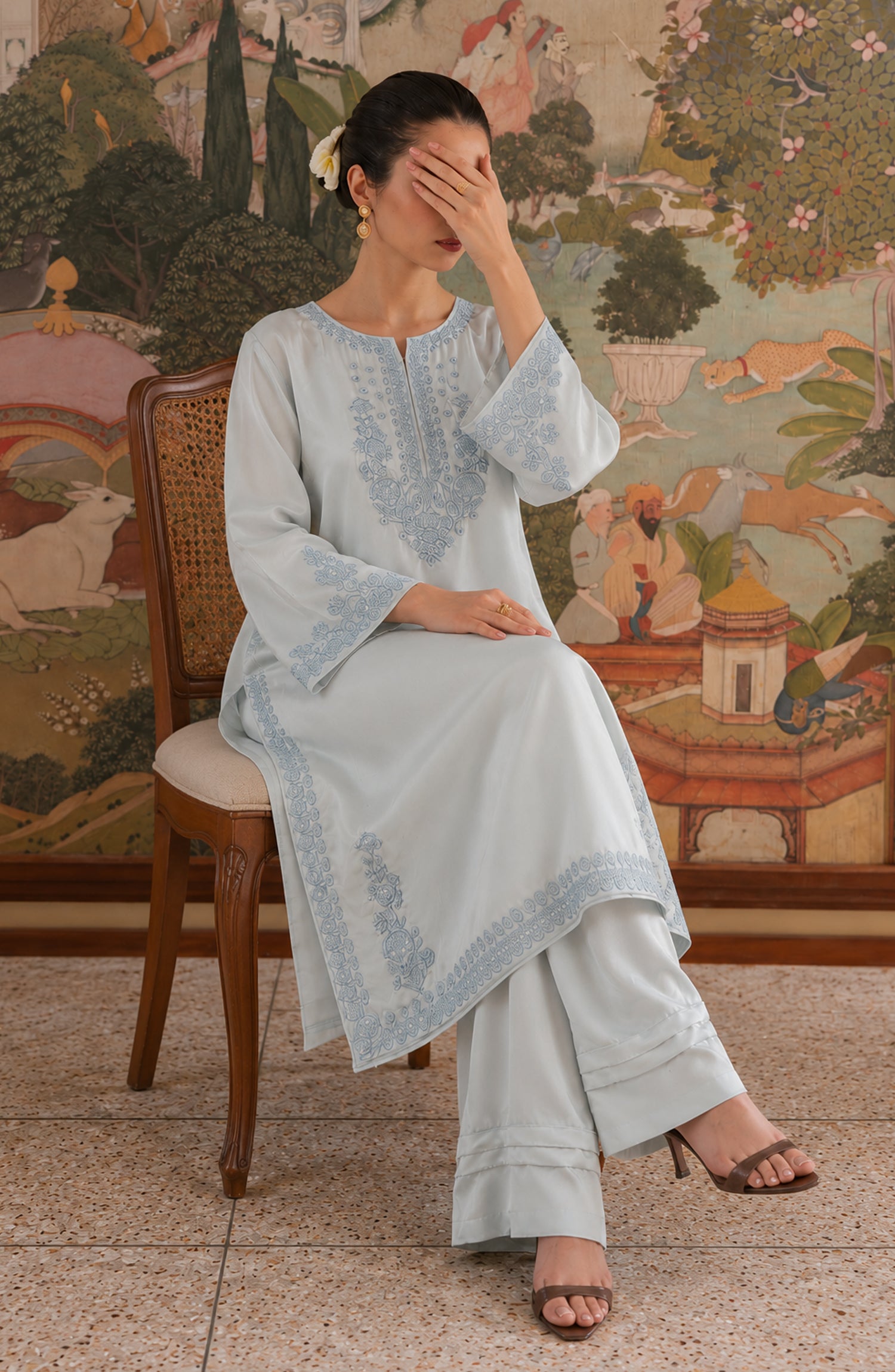 Shimmer by Amna Khadija Embroidered Shamooz Silk Stitched 2 Co-ord Set - AKSS-05 - AM26SMR - Ice Blue - Casual Collection