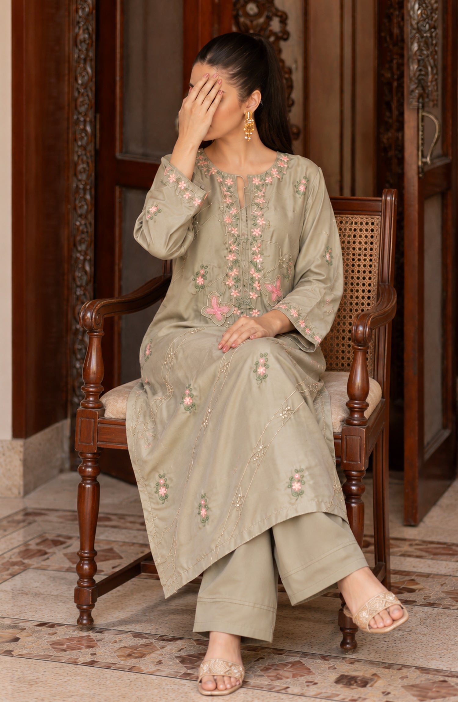 Shimmer by Amna Khadija Embroidered Shamooz Silk Stitched 2 Co-ord Set - AKSS-06 - AM26SMR - Green - Casual Collection