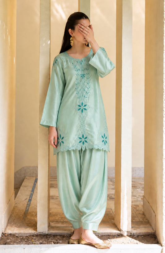 Shimmer by Amna Khadija Embroidered Shamooz Silk Stitched 2 Co-ord Set - AKSS-08 - AM26SMR - Sea Green - Casual Collection