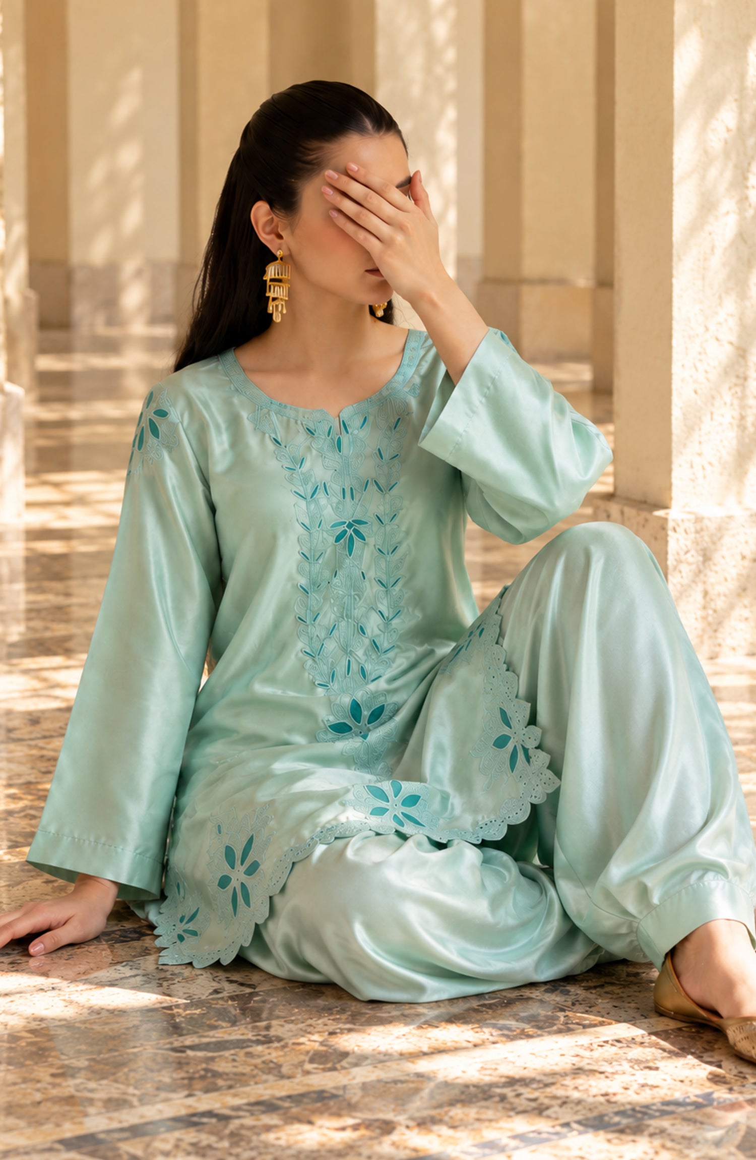 Shimmer by Amna Khadija Embroidered Shamooz Silk Stitched 2 Co-ord Set - AKSS-08 - AM26SMR - Sea Green - Casual Collection