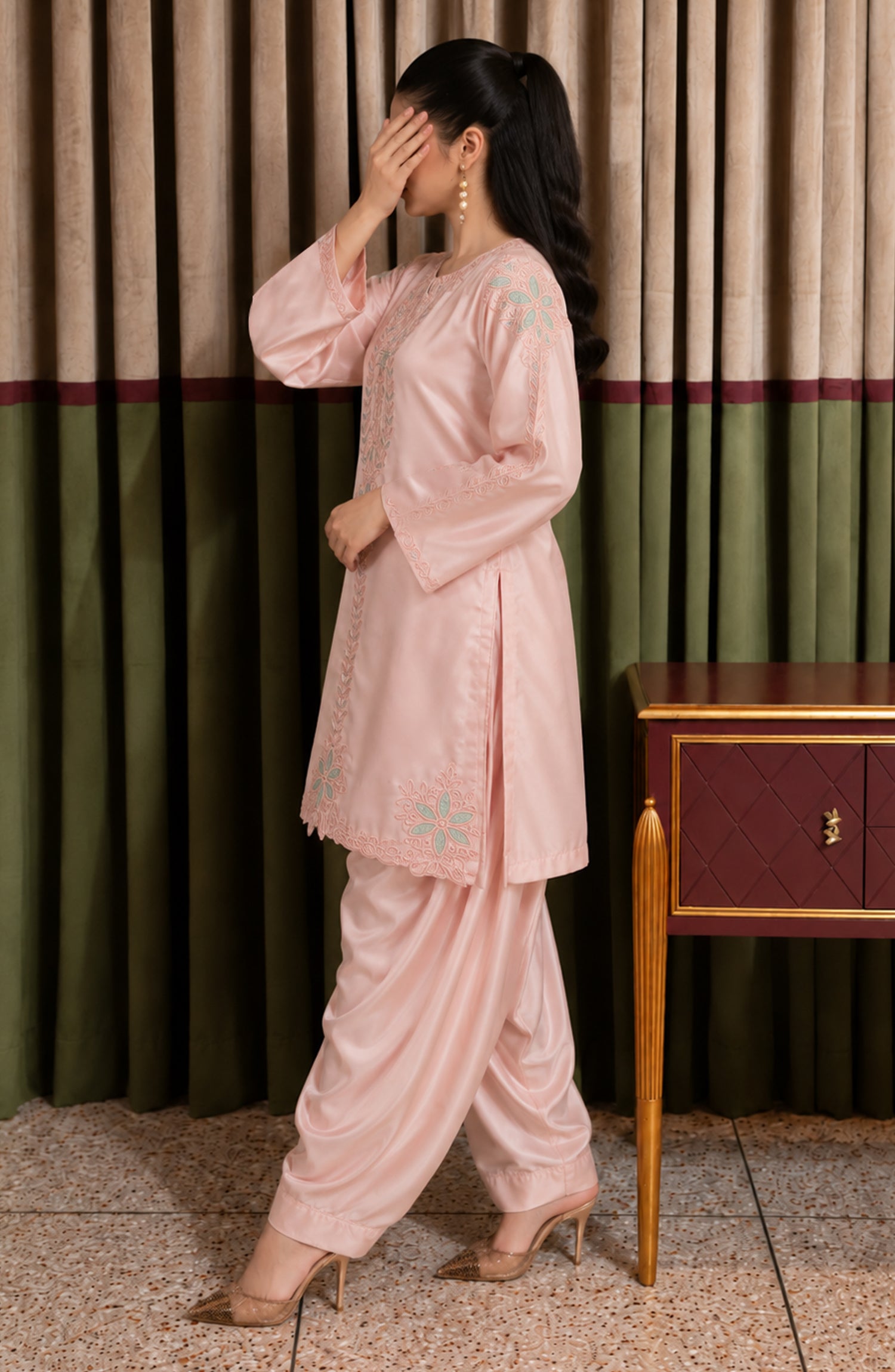 Shimmer by Amna Khadija Embroidered Shamooz Silk Stitched 2 Co-ord Set - AKSS-09 - AM26SMR - Light Pink - Casual Collection