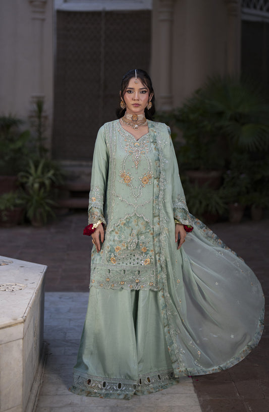 Silvana by Guzel Luxury Embroidered Chiffon Stitched 3 Piece Suit - Silvana Mint Reverie - GUZ25VAN - Green - Formal Collection