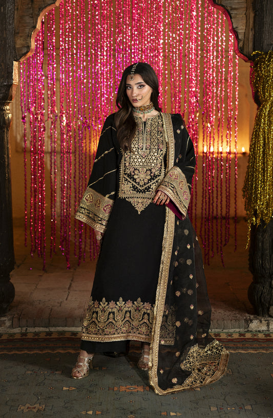 Singhar by Saad Shaikh X Meeral Luxury Embroidered Raw Silk Unstitched 3 Piece Suit - YASMIN - SSH25SNG - Black - Festive Collection