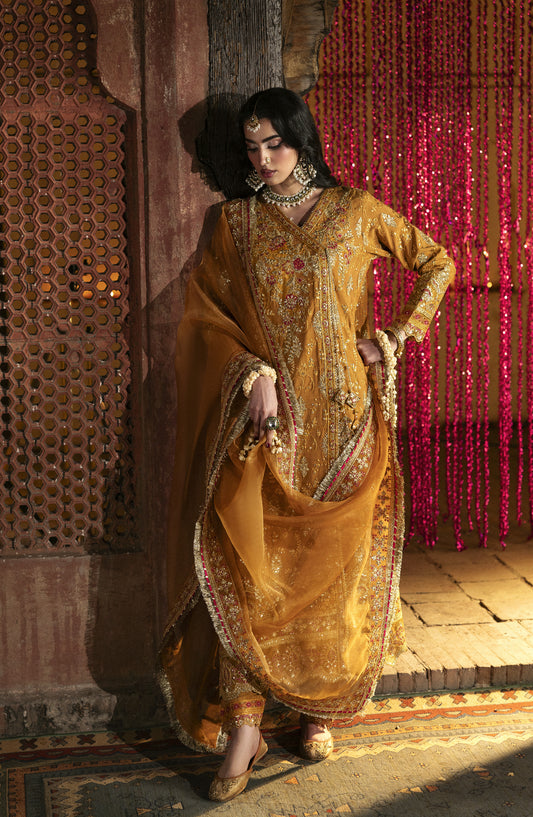 Singhar by Saad Shaikh X Meeral Luxury Embroidered Raw Silk Unstitched 3 Piece Suit - KAYA - SSH25SNG - Mustard - Festive Collection