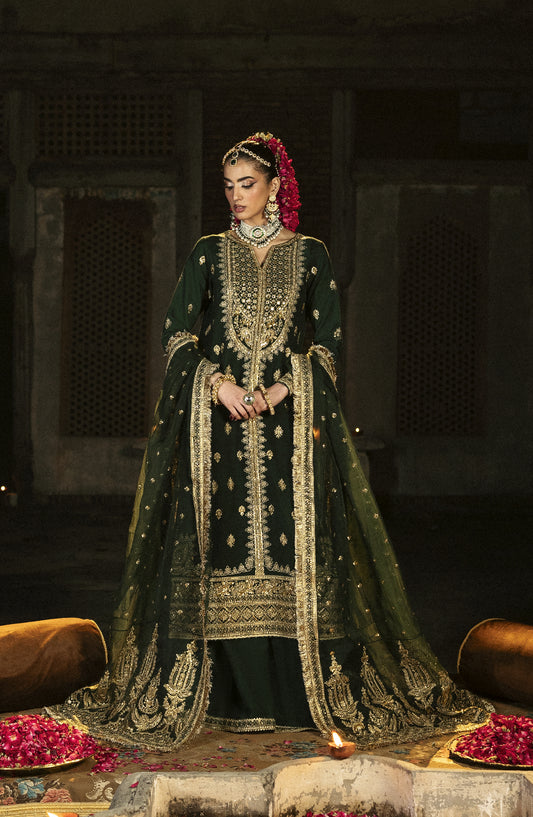 Singhar by Saad Shaikh X Meeral Luxury Embroidered Raw Silk Unstitched 3 Piece Suit - ZAIB - SSH25SNG - Dark Green - Festive Collection
