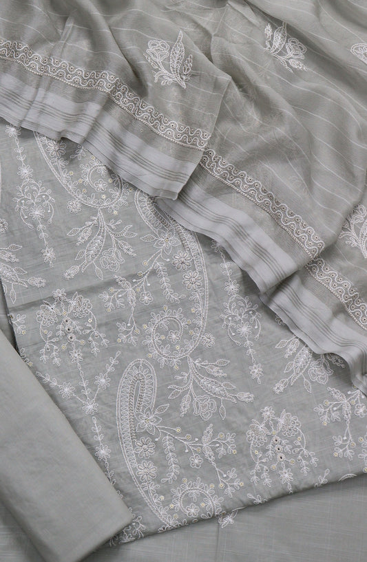 S Chandi by Amna Khadija Fine Embroidered Lawn Unstitched 3 Piece Suit - Design-04 - AM25SND - Grey - Summer Collection