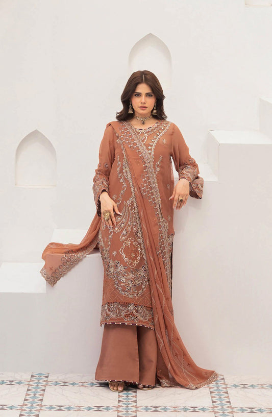 Sonehri by Ramsha Embroidered Chiffon Unstitched 3 Piece Suit - BB-307 - RM26STR - Rust - Festive Collection