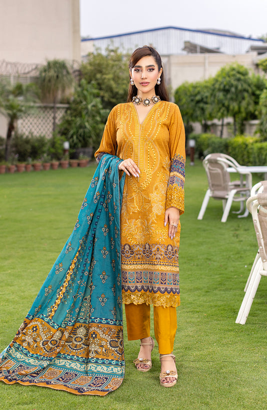 Sub Rang by Al Karim Embroidered Lawn Unstitched 3 Piece Suit - DP-2826 - AK26SUBR - Mustard - Summer Collection