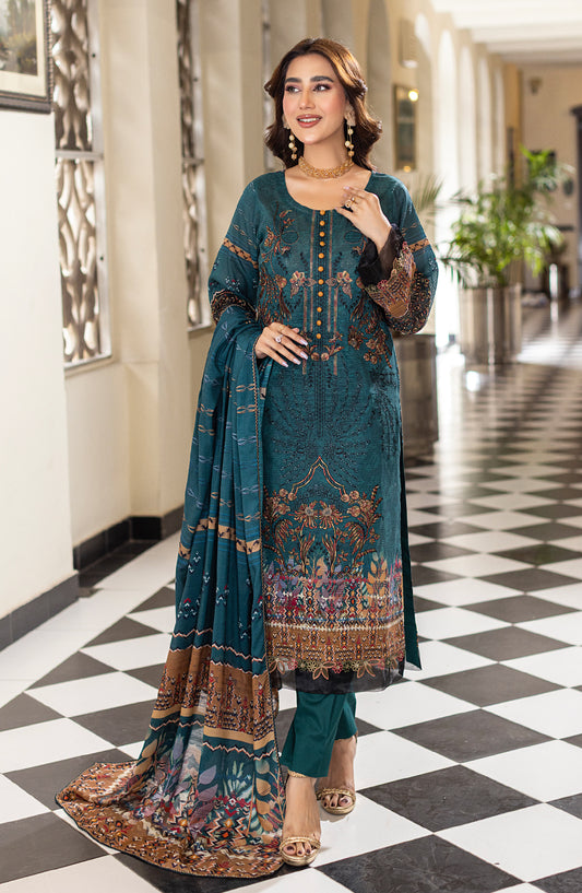 Sub Rang by Al Karim Embroidered Lawn Unstitched 3 Piece Suit - DP-2821 - AK26SUBR - Teal - Summer Collection