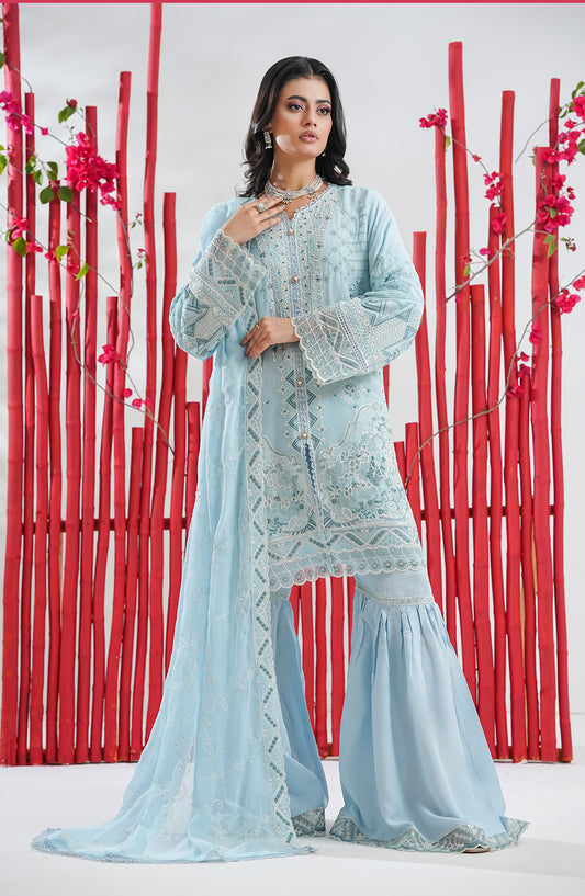 Surkh-Roo by Guzel Embroidered Luxury Chiffon Stitched 3 Piece Suit - Neelam - GUZ26SRK - Blue - Festive Collection