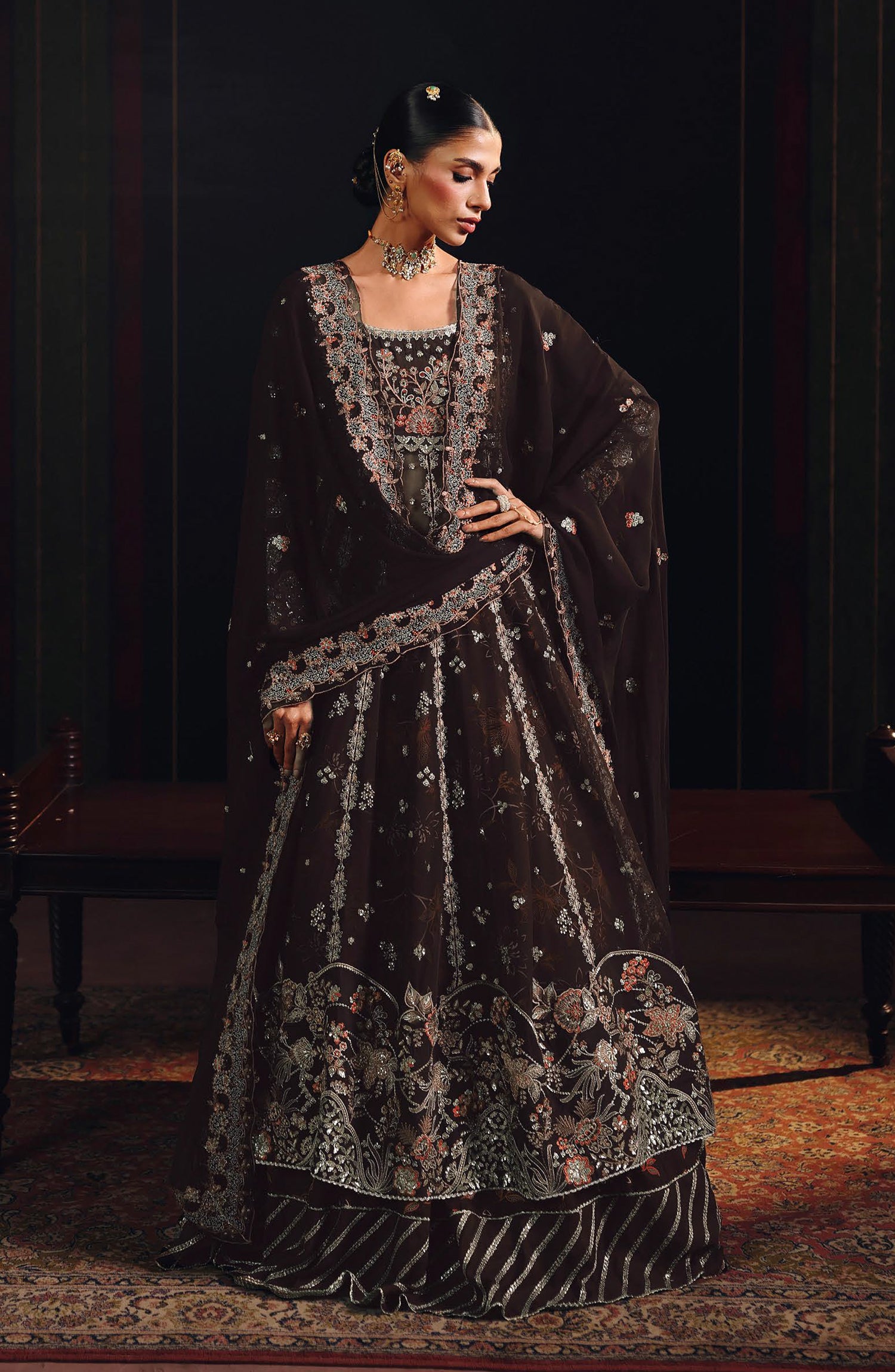 Suroor by Ramsha Luxury Embroidered Raw Silk Unstitched 3 Piece Suit - SR-108 Sahiba - RM26SR - Brown - Formal Collection
