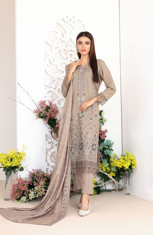 Tareef by Tawakkal Fabrics Embroidered Karandi Unstitched 3 Piece Suit - D-4373 - TF25TRF - Beige - Winter Collection