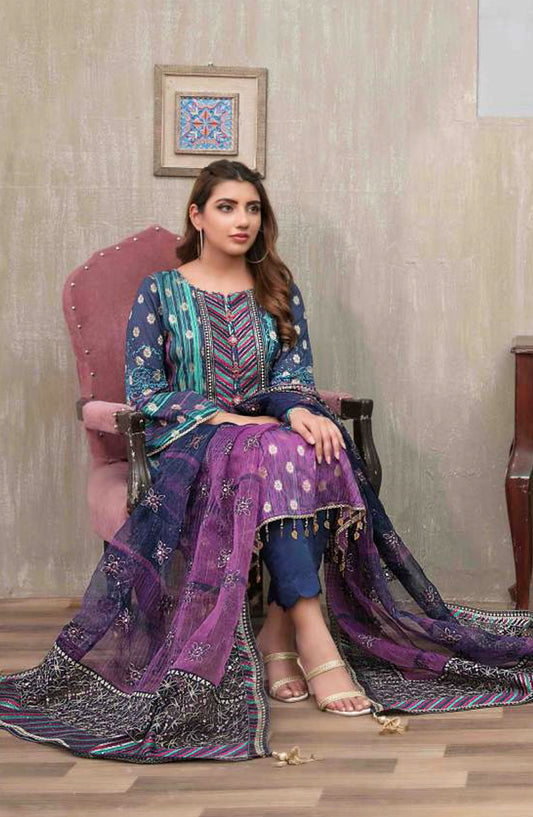 Tawakkal Fabric Quas-e-Quza Embroidered Lawn Unstitched 3 Piece Suit - D-6918 - TF25QQ - Blue - Festive Collection