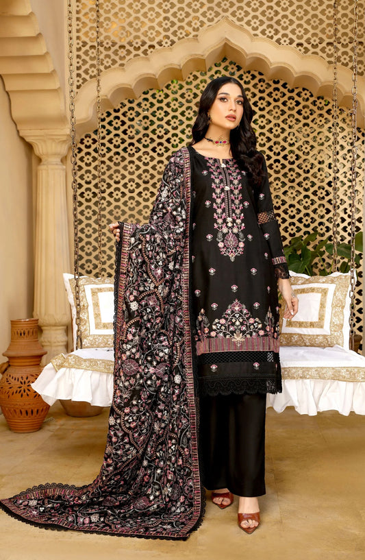 Threads N Weaves Embroidered Dhanak Unstitched 3 Piece Suit - D25101 - TNW25WD - Black - Winter Collection