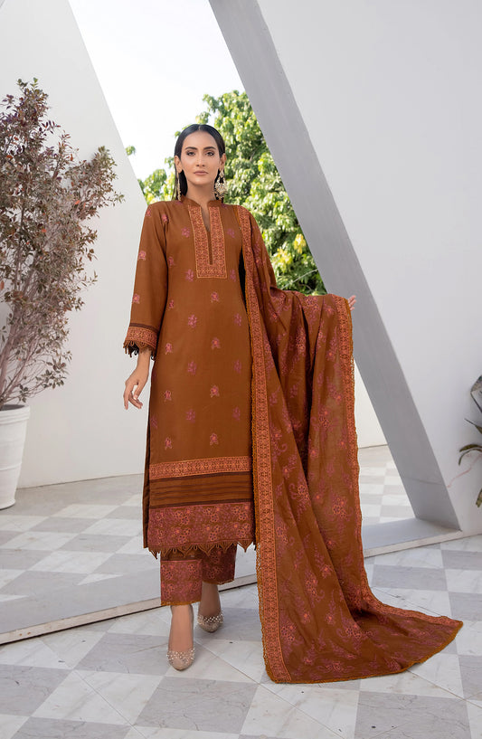 Threads N Weaves Embroidered Dhanak Unstitched 3 Piece Suit - D23104 - TNW25WD - Cinnamon Brown - Winter Collection