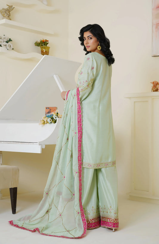 Threads & Weaves Mint Green & Pink Embroidered Viscose 3-Piece Suit Ready to Wear TNW25VSC