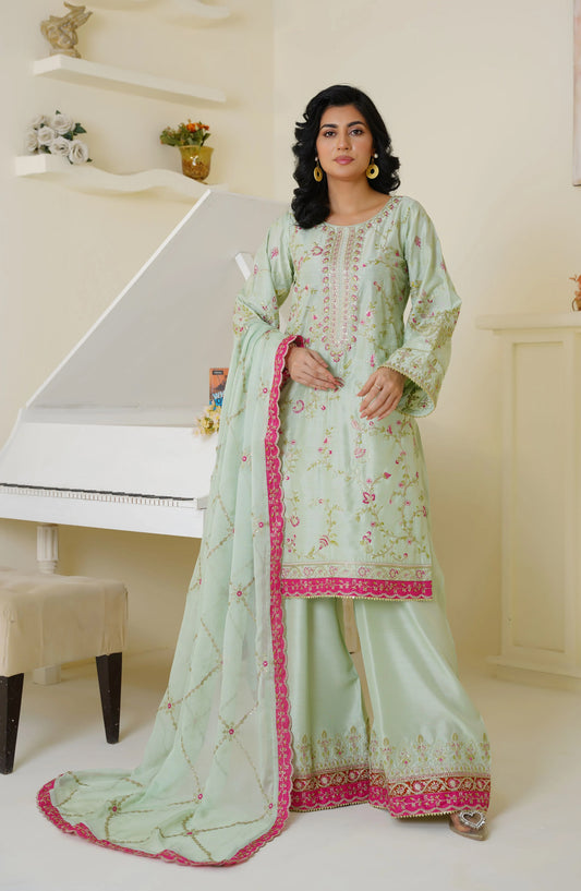 Threads & Weaves Mint Green & Pink Embroidered Viscose 3-Piece Suit Ready to Wear TNW25VSC