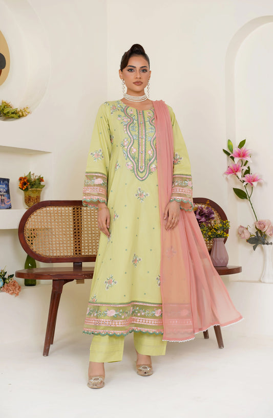 Threads & Weaves Embroidered Lime Green 3-Piece Ready-to-Wear Lawn Suit with Peach Dupatta TNW25LN