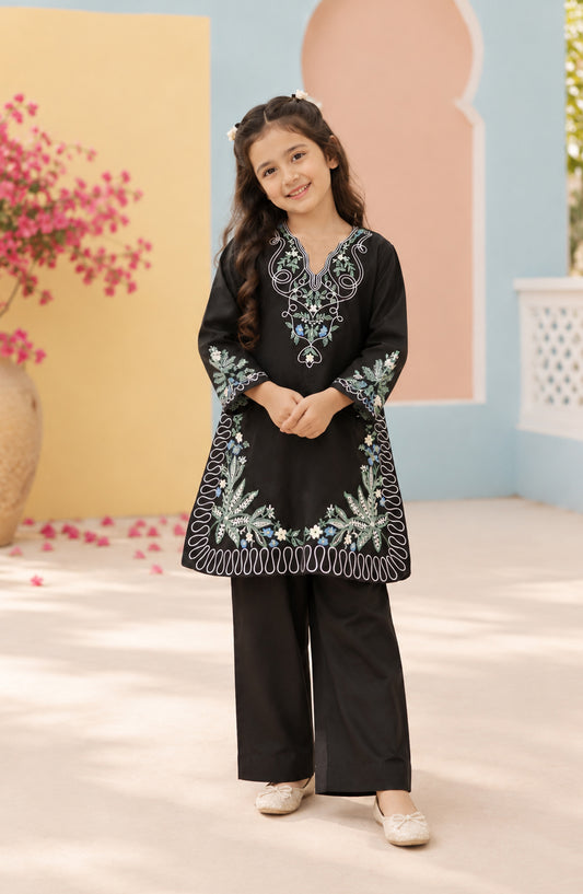 Titliyan Aangan Main by Amna Khadija Embroidered Cotton Stitched 2 Piece Co-ord Set - AKT-03 - AM26TLY - Black - Girls Collection