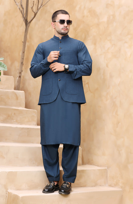 TGM The Royal Edit Premium Blended Material Stitched Three Piece with matching Suit - Ultra Marine (3pc) - TGM26ROY - Teal - Men Festive Collection