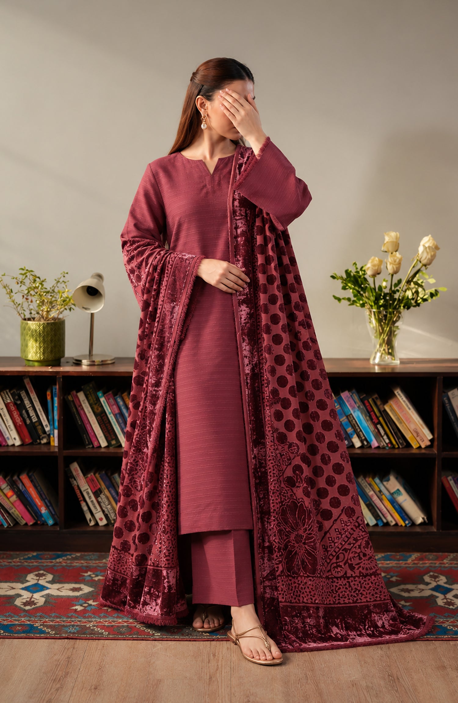 Velluto Milano by Amna Khadija Moonlight Unstitched 3 Piece Suit - AKVM-18 - AM26MON - Maroon - Winter Collection