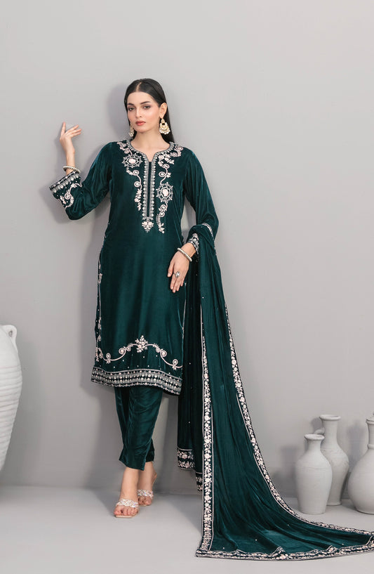Velvora by Tawakkal Fabrics Embroidered Velvet Unstitched 3 Piece Suit - D-4925 - TF25VOR - Green - Winter Collection
