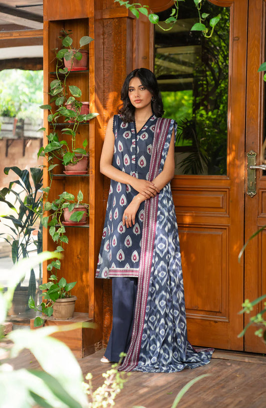 Beena by Beyond East Printed Lawn Unstitched 3 Piece Suit - WUE-154519 - BYD25BE - Navy Blue - Summer Collection