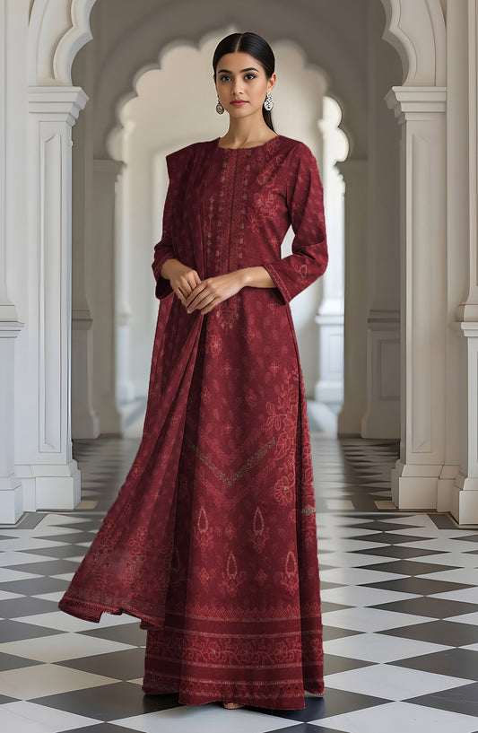 Wadi e Rangoon Embroidered Dhanak Jacquard Chamki Unstitched 3 Piece Suit - Design-03 - AK25WDR - Red - Winter Collection