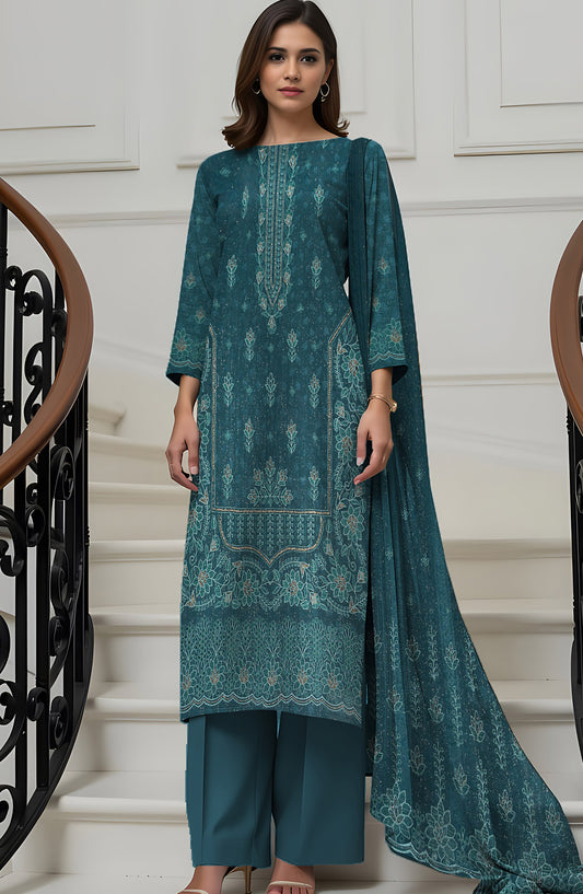 Wadi e Rangoon Embroidered Dhanak Jacquard Chamki Unstitched 3 Piece Suit - Design-08 - AK25WDR - Teal - Winter Collection