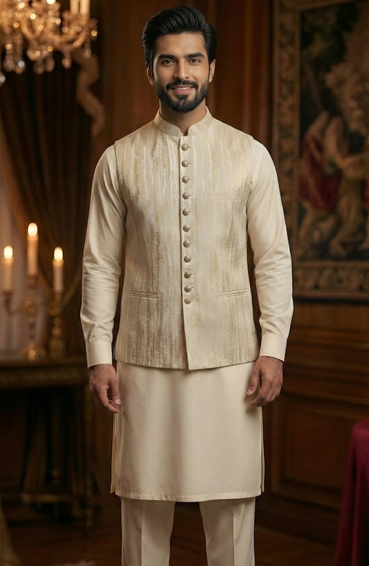 TGM The Royal Edit Suiting Stitched Three Piece with matching Suit - Waistcoat - 104 (3pc) - TGM26ROY - Beige - Men Festive Collection