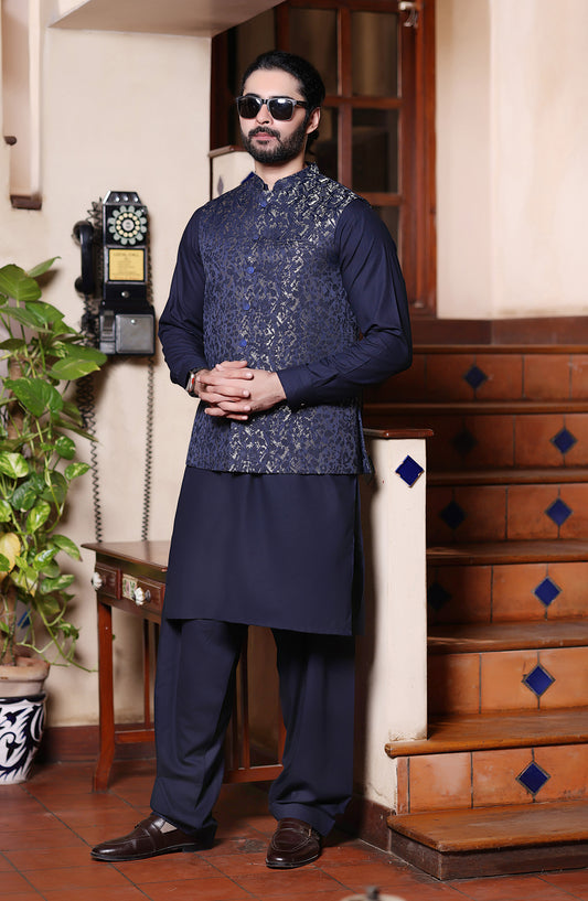 TGM The Royal Edit Suiting Stitched Three Piece with matching Suit - Waistcoat - 82 (3pc) - TGM26ROY - Blue - Men Festive Collection