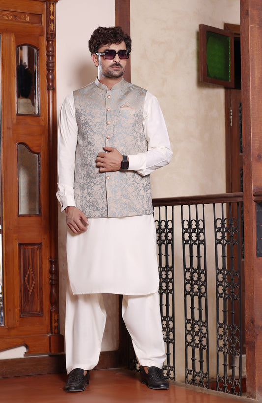 TGM The Royal Edit Suiting Stitched Three Piece with matching Suit - Waistcoat - 83 (3pc) - TGM26ROY - Beige - Men Festive Collection