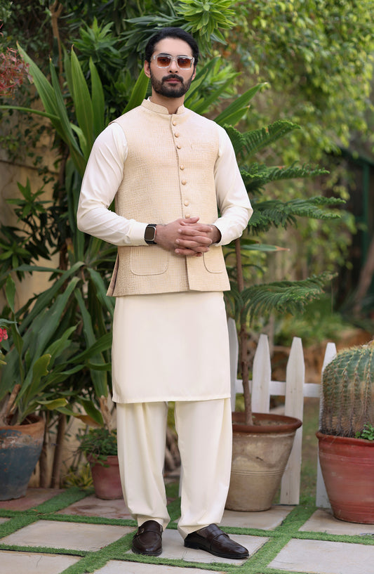 TGM The Royal Edit Suiting Stitched Three Piece with matching Suit - Waistcoat - 88 (3pc) - TGM26ROY - Beige - Men Festive Collection