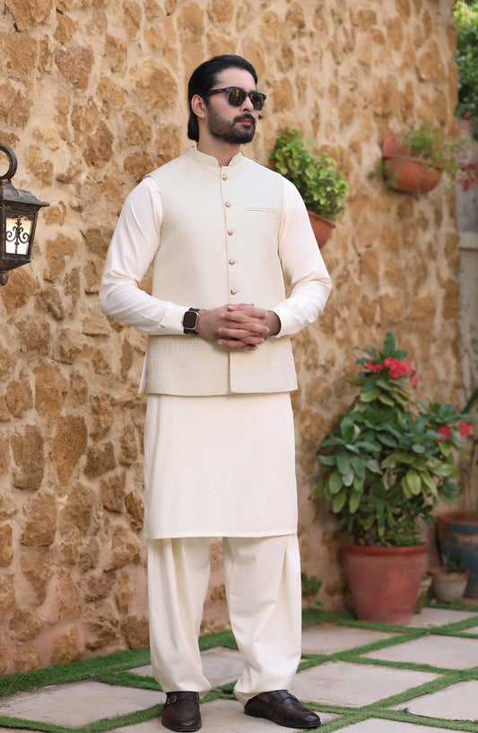 TGM The Royal Edit Suiting Stitched Three Piece with matching Suit - Waistcoat - 97 (3pc) - TGM26ROY - Beige - Men Festive Collection