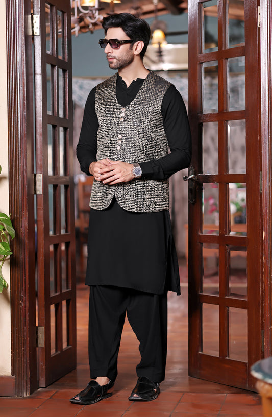 TGM The Royal Edit Suiting Stitched Three Piece with matching Suit - Waistcoat - 99 (3pc) - TGM26ROY - Golden - Men Festive Collection