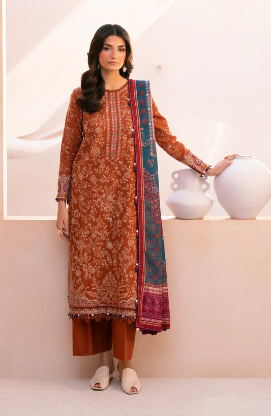 Xenia Rang e Khizaan Embroidered Slub Khaddar Unstitched 3 Piece Suit - D-07 SALIAH - XF25RNG - Rust - Winter Collection