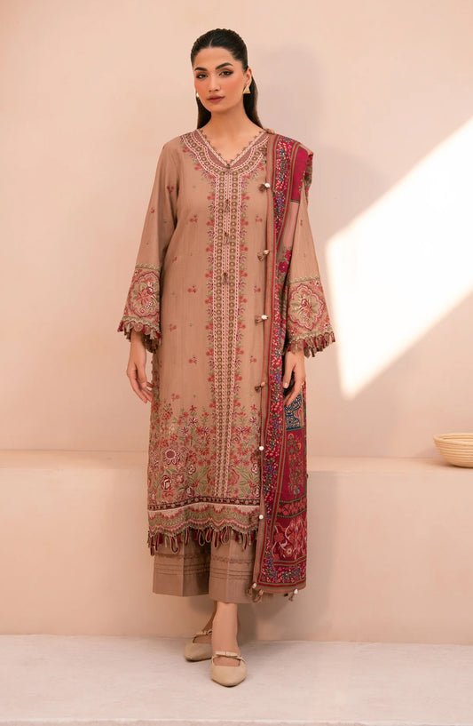 Xenia Rang e Khizaan Embroidered Slub Khaddar Unstitched 3 Piece Suit - D-04 DAFIYAH - XF25RNG - Beige - Winter Collection