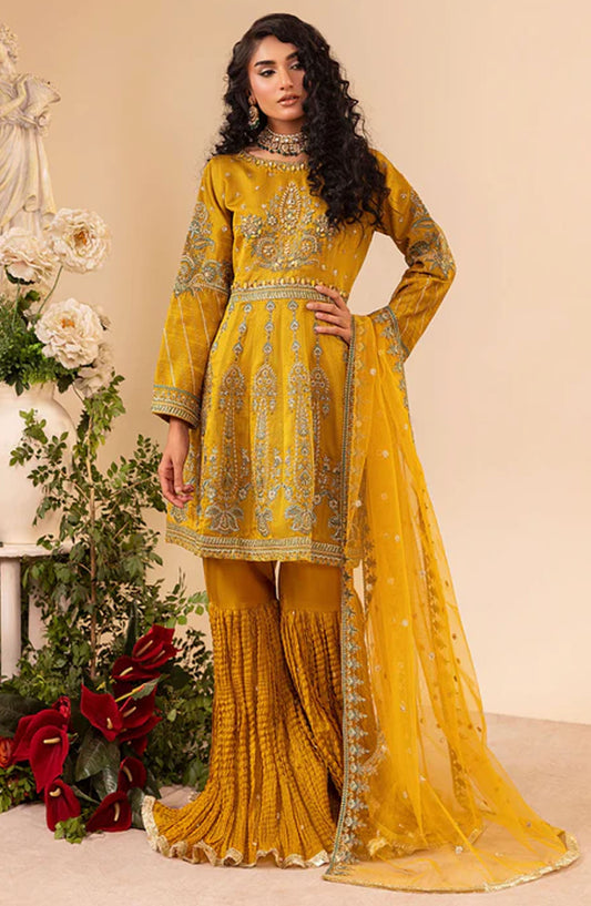 Abrish by Diara Couture Embroidered Net Stitched 3 Piece Suit - DC25AB - ZARIFA - UA-07 - Mustard - Festive Collection