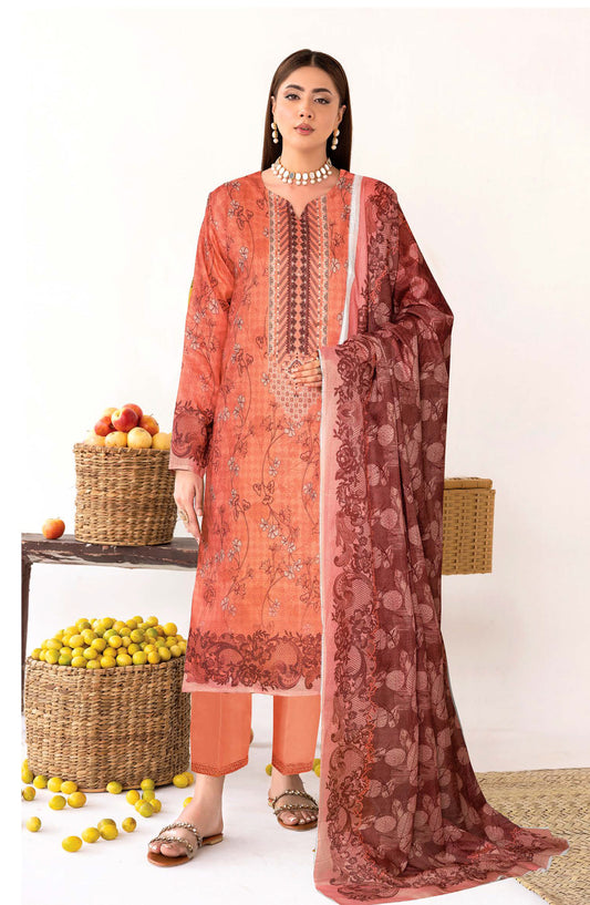 Zanera by Johra Printed Lawn Unstitched 3 Piece Suit - JH-1406 - JH25ZANR - Orange - Casual Collection