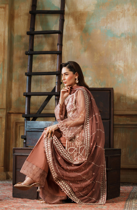 Zargul by Zebtan Embroidered Organza Unstitched 3 Piece Suit - ZG-08 - ZBT25ZRG - Peach - Formal Collection