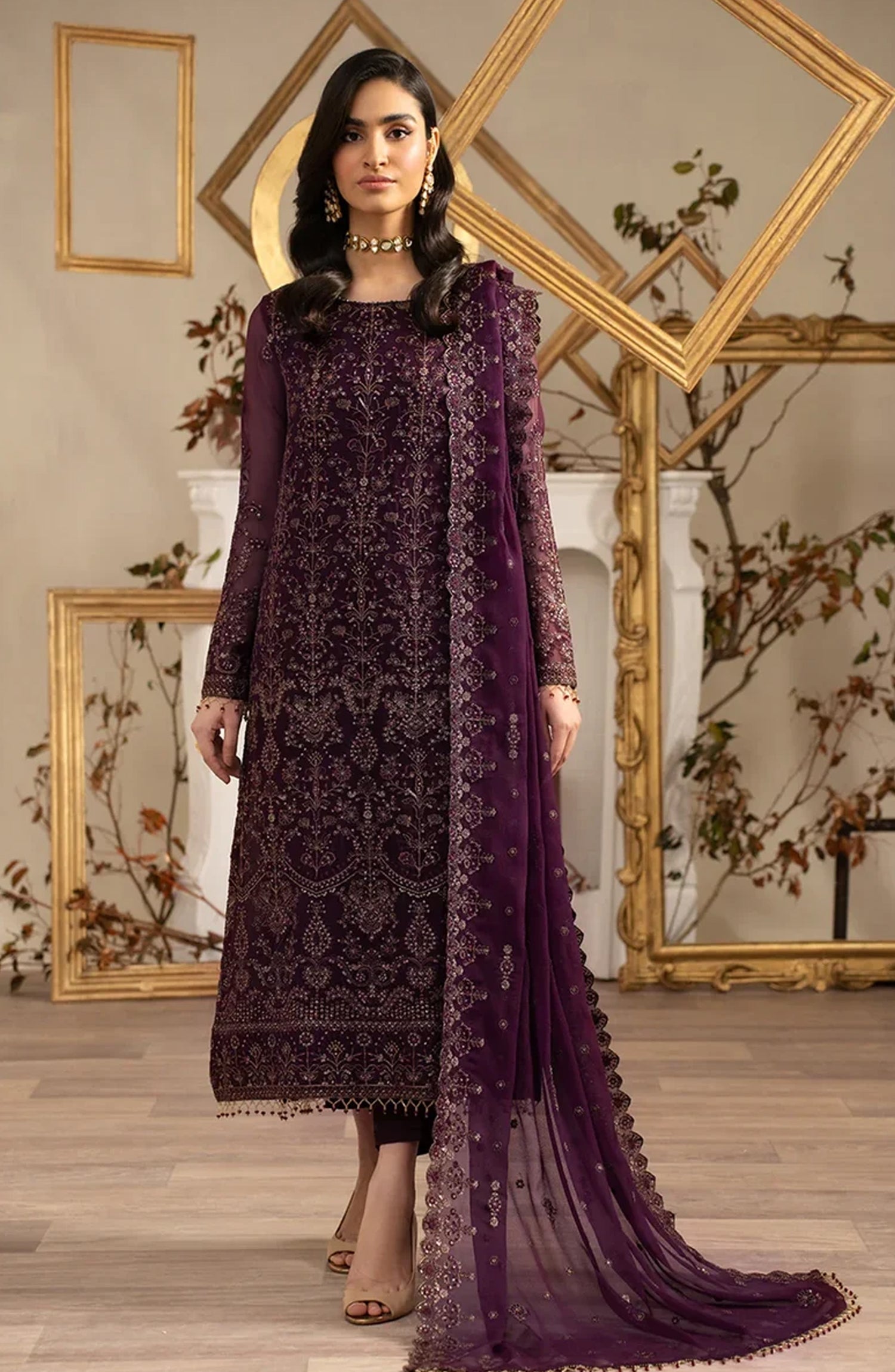 Zarif Luxury Embroidered Chiffon Unstitched 3 Piece Suit - ZRN-04 Neemal - ZRF26GR - Purple - Festive Collection