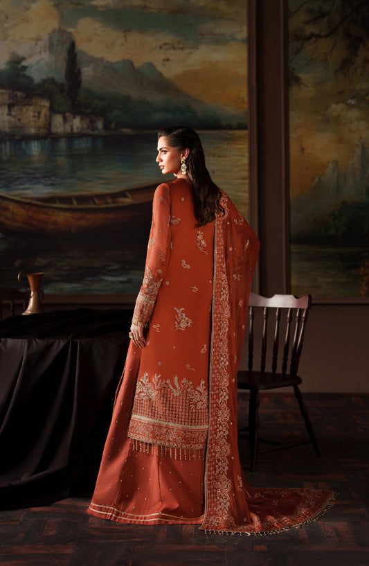Zarif Premium Embroidered Chiffon Unstitched 3 Piece Suit - ZRF-PRC-07 ELEONORE - ZRF25PRC - Orange - Festive Collection