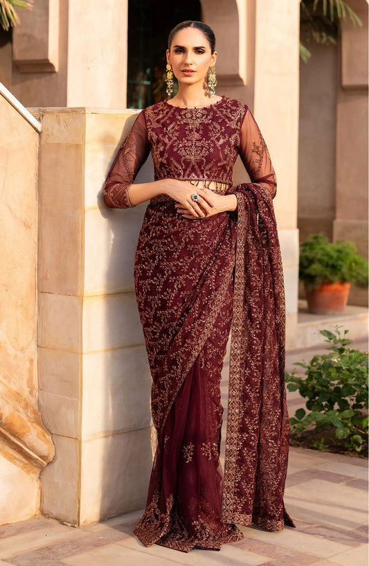 Sahiba by Zarif Luxury Embroidered Net Unstitched 3 Piece Suit - ZRF25SHB - UNST-SBA-01 ELIF - Maroon - Festive Collection