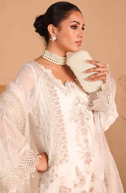 Kashish by Ramsha Luxury Embroidered Chiffon Unstitched 3 Piece Suit - RM25KSH - K-305 - White - Festive Collection
